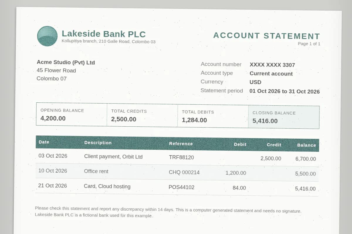 Scanned Lakeside Bank PLC account statement for Acme Studio (Pvt) Ltd, October 2026, opening balance 4,200.00, three transactions and a closing balance of USD 5,416.00