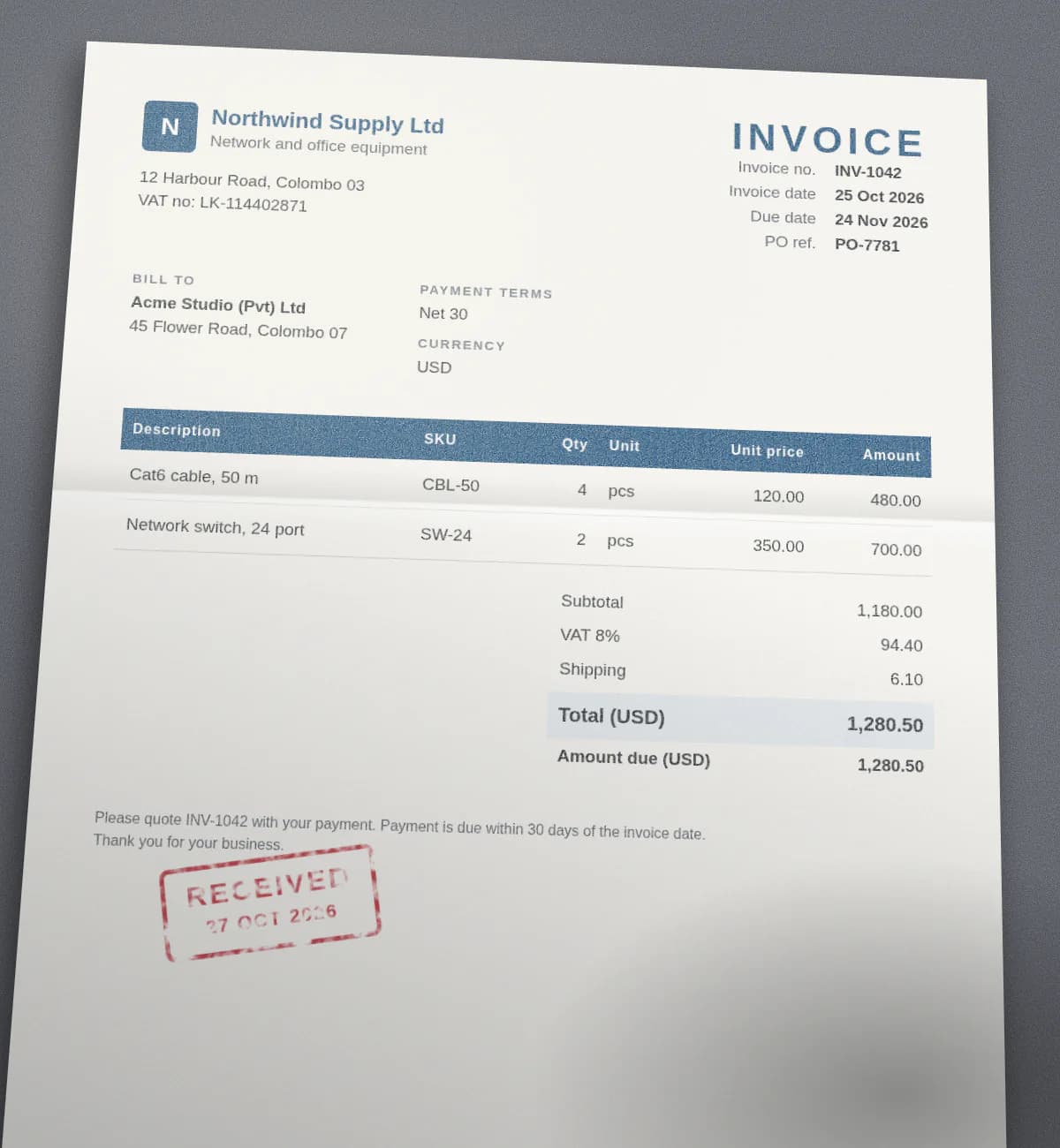 Phone photo of a printed Northwind Supply Ltd invoice INV-1042 dated 25 Oct 2026, billed to Acme Studio (Pvt) Ltd, with 4 Cat6 cables and 2 network switches, VAT 8% of 94.40, shipping 6.10 and a total of USD 1,280.50, stamped received