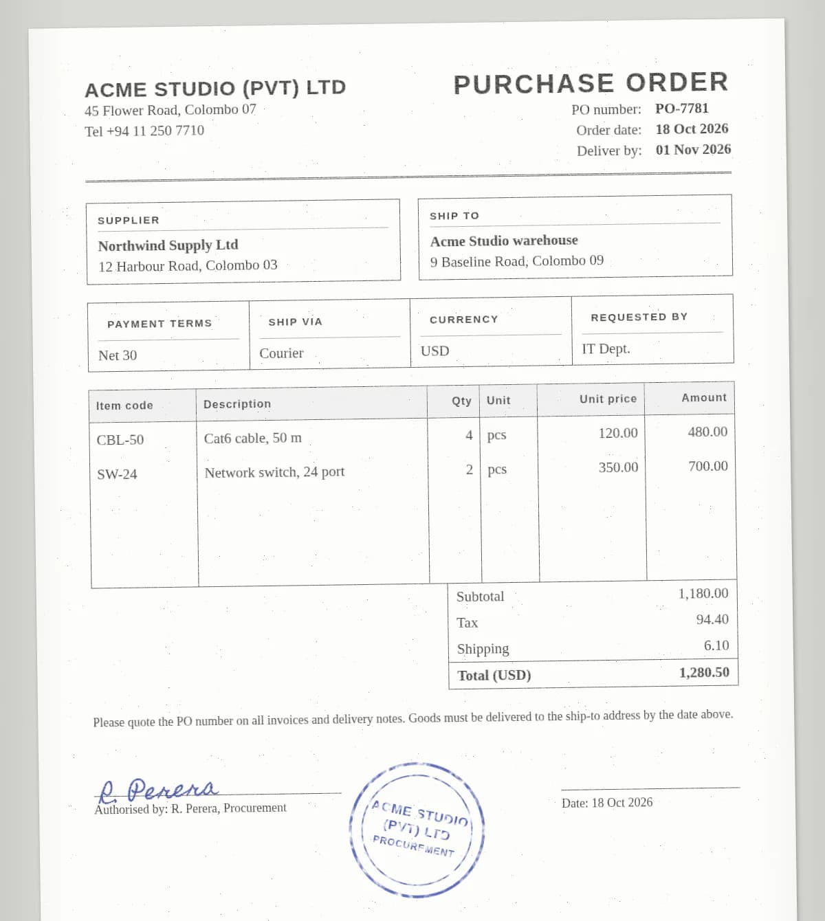Scanned Acme Studio purchase order PO-7781 to Northwind Supply Ltd, dated 18 Oct 2026 for delivery by 01 Nov 2026, with 4 Cat6 cables and 2 network switches totalling USD 1,280.50, signed and stamped
